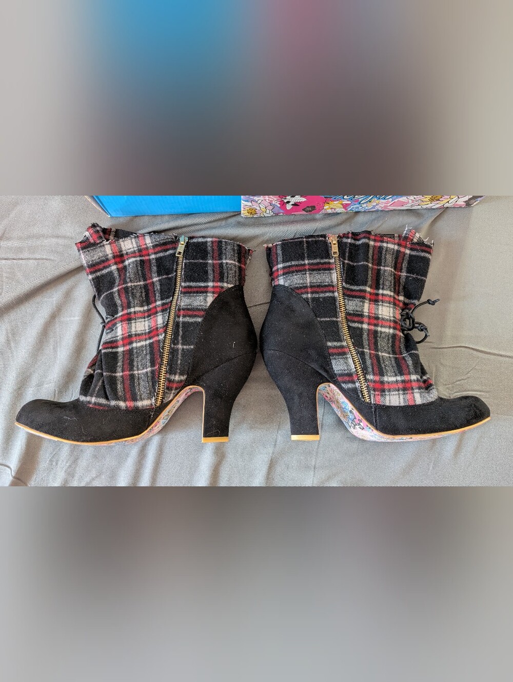 Irregular Choice Black Suede & Red Plaid Ankle Heeled Boots with Gold Zip